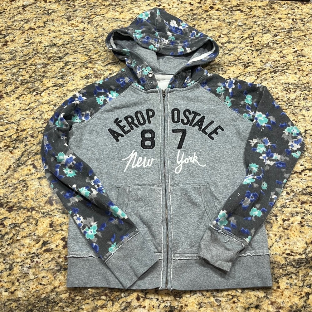 Aeropostale 87 New York Floral Raglan Full‎ Zip Hoodie Gray Blue Women Small